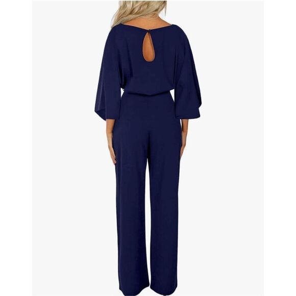 NEW Blue Wide Leg Casual Long Belted Jumpsuit Career M - Picture 2 of 4